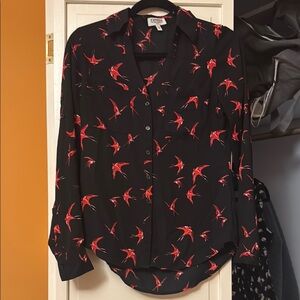 Express Women's Black and Red Bird Print Button Down Shirt